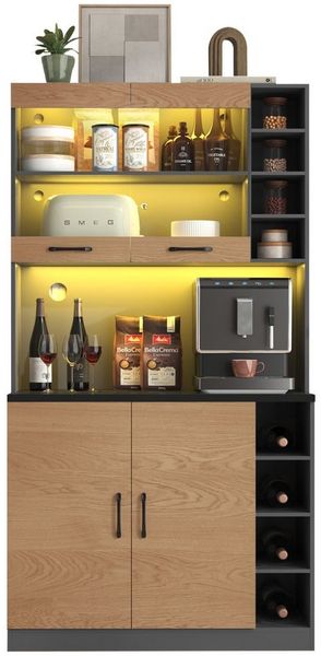 Merax Küchenbuffet Küchenschrank mit LED und höhenverstellbaren Ablagefächer (Kabellöchern und Glastüren) Küchenbuffet Multifunktionales Hochschrank Buffet, 100x47x187cm