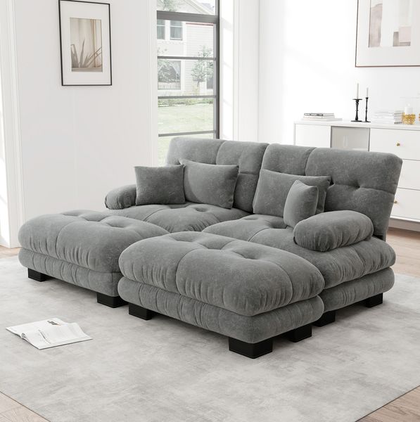 Ecksofa 81cm×220cm×145cm aus Chenille in Grau mit Ottomans und Kissen – modulares Polstersofa für Wohnzimmer