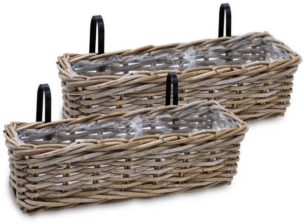 Spetebo Balkonkasten Rattan Balkonkasten natur (Set, 2 St, Holz Blumenkasten), Weide Pflanzkorb mit Halterung