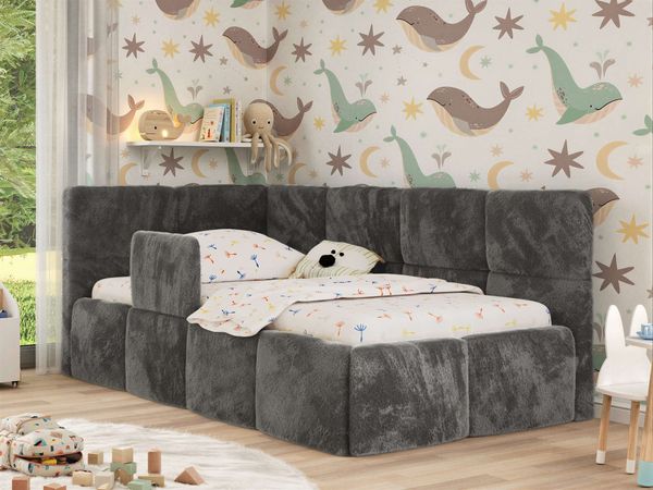 Jugendbett, Kinderbett mit Kopfteil ARVO ALTA 90x200 cm, Polsterbett mit Stauraum, hoher Schlafkomfort - Dunkelgrau Plüsch - Links - ELORI LUX