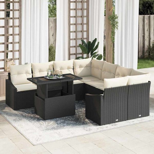 vidaXL Gartensofa-set mit Kissen 9 pcs Schwarz und Creme Poly-Rattan 3348973