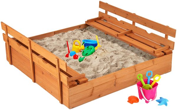 Kinder Sandkasten mit Sitzbänken Holz Sandkiste Sandbox mit Deckel & Bodenvlies 120 x 120 cm