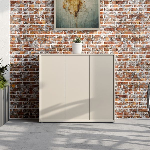 Forte ALICE SPRINGS Schuhschrank 100 110, moderner Flurschrank mit 3 Türen und 8 Einlegeböden, Holzwerkstoff, Kaschmir/ Beige, 109,2 cm breit x 99,1 cm hoch x 34,9 cm tief