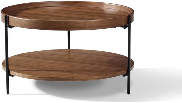 Modern 2-Tier Round Coffee Table, Nordic Style MDF with Real Wood Veneer Tray Center Table, Sturdy Metal Frame Coffee Table for Living Room (Walnut)