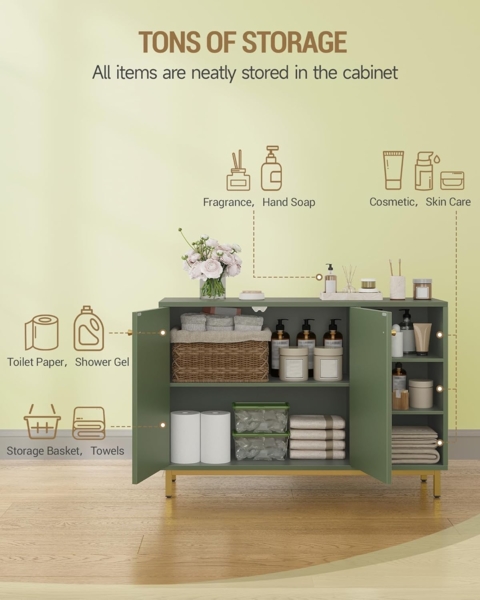 Badezimmerschrank, Badschrank, Küchenschrank mit 2 Türen, Beistellschrank, Sideboard mit offenem Fach, Kommode, verstellbare Ablage, Badezimmer, 35 x 100 x 75 cm, Waldgrün Bild 4