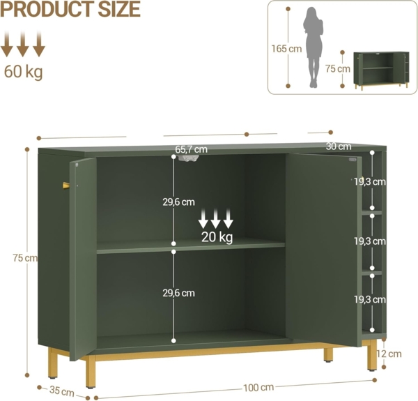 Badezimmerschrank, Badschrank, Küchenschrank mit 2 Türen, Beistellschrank, Sideboard mit offenem Fach, Kommode, verstellbare Ablage, Badezimmer, 35 x 100 x 75 cm, Waldgrün Bild 8