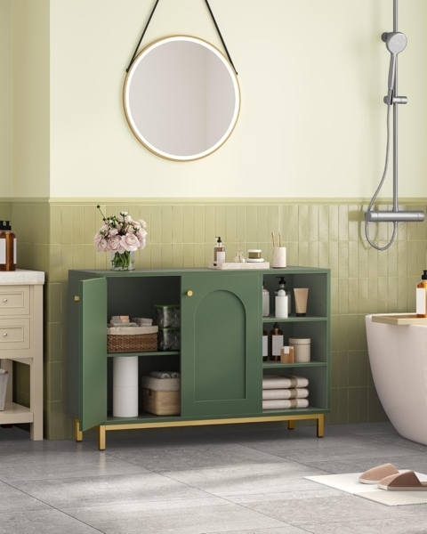 Badezimmerschrank, Badschrank, Küchenschrank mit 2 Türen, Beistellschrank, Sideboard mit offenem Fach, Kommode, verstellbare Ablage, Badezimmer, 35 x 100 x 75 cm, Waldgrün Bild 3