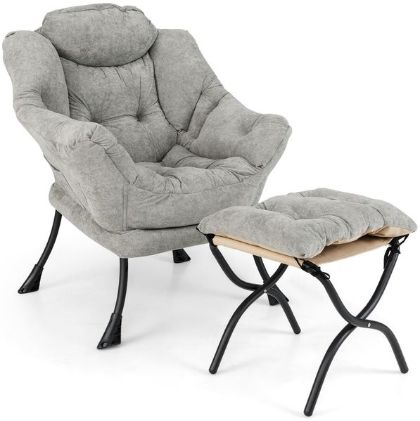 Sessel mit Hocker & Armlehnen & Seitentasche & Doppelseitiger Fußstütze Relaxsessel Grau