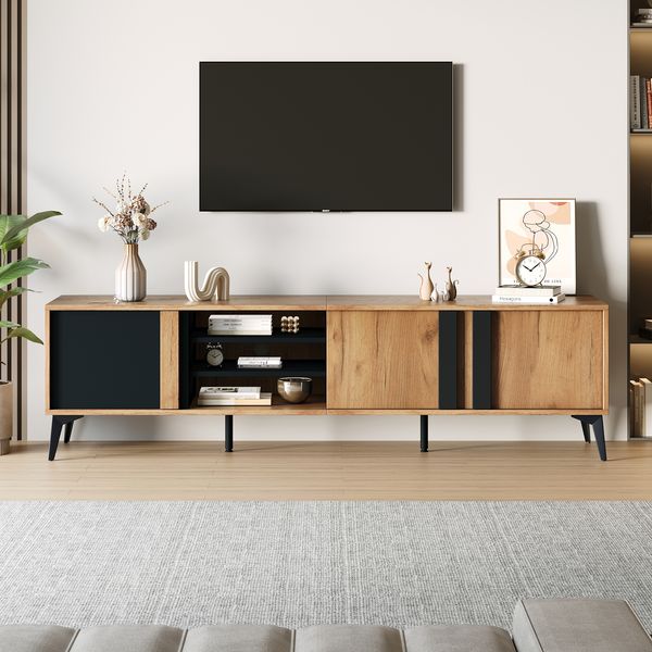 TV-Schrank mit 3 Türen & 4 offenen Fächern, 180 x 40 x 50 cm, Braun/Schwarz, für TVs bis 80 Zoll