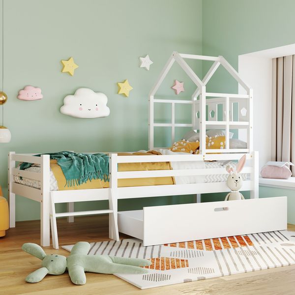 Kinder Hochbett 90x200 cm aus Kiefernholz mit Schublade und Leiter, Hüttenstil, sicherer Zaun, Stauraum unter dem Bett
