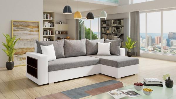 Ecksofa Lord mit Regal und Schlaffunktion - Sofa mit Bettkasten, Schlafsofa, Polsterecke, Couch L-Form, Couchgarnitur, Sofagarnitur (Weiß + Grau (Dolaro 511 + Berlin 01), Ecksofa Rechts)