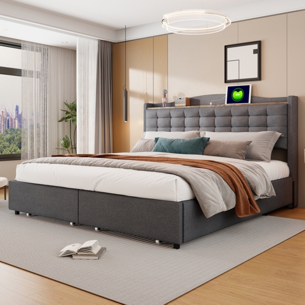 Polsterbett 160x200 cm aus Leinen mit Stauraum und USB-Anschluss – modernes, funktionales Design