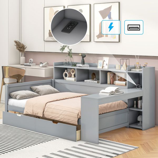 Schlafsofa, Daybett, Tagesbett, 90 x 200 cm, Nachttischablage und Untertischablage, Bett mit Steckdose und USB-Anschluss, 2 Schubladen, Schreibtisch, ohne Matratze, Spanplatte, Grau