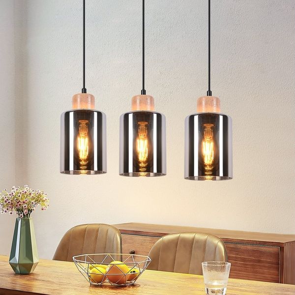 ZMH Pendelleuchte Holz Hängelampe E27 esstisch Vintage Esszimmerlampe aus Glas, LED wechselbar