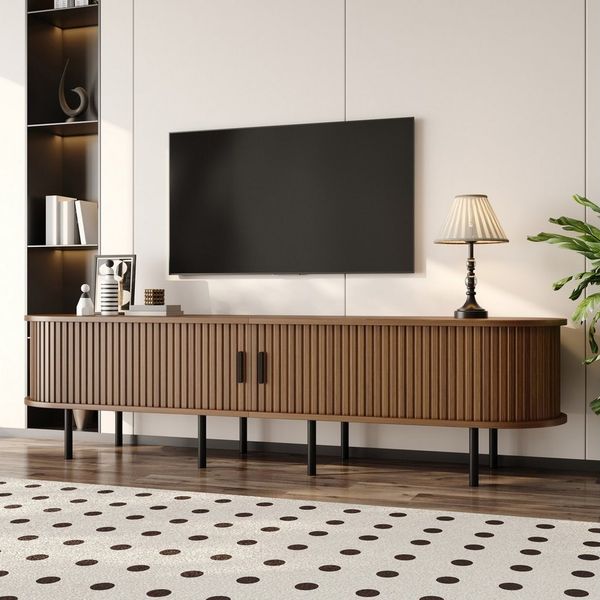 Merax Lowboard in Holzoptik, TV-Board im Rillenoptik (1 St, 170 x 40 x 46 cm (L x B x H), TV-Schrank mit 2 Schiebetüren, 2 offenen Fächern,Stauraum,Metallbeine