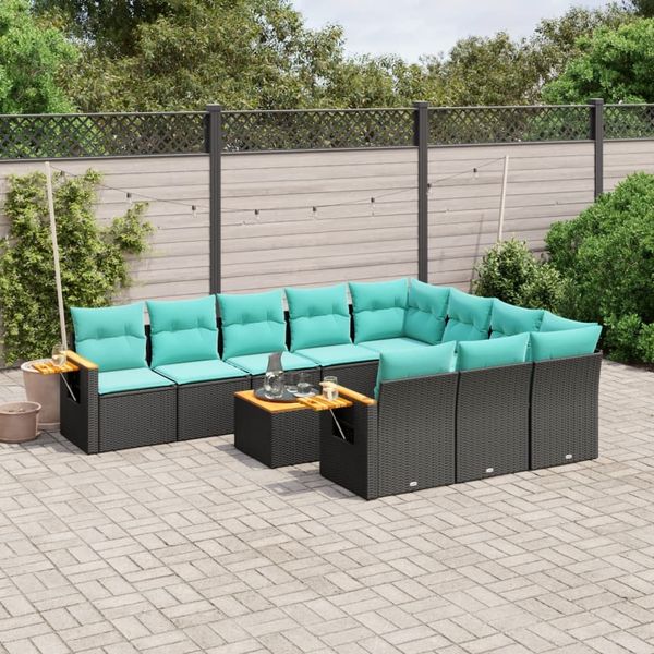 vidaXL 11-tlg. Garten-Sofagarnitur mit Kissen Schwarz Poly Rattan 3227184