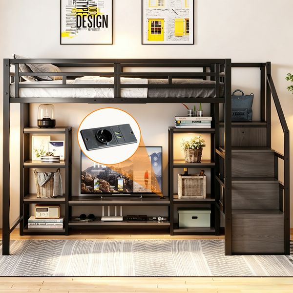 Hochbett 140x200 mit TV-Ständer, Steckdose und Sicherheitsleiter , Stabile Metall-Holz-Kombination, modernes, platzsparendes Hochbett , Kinder-Etagenbettmit praktischem Stauraum, schwarz