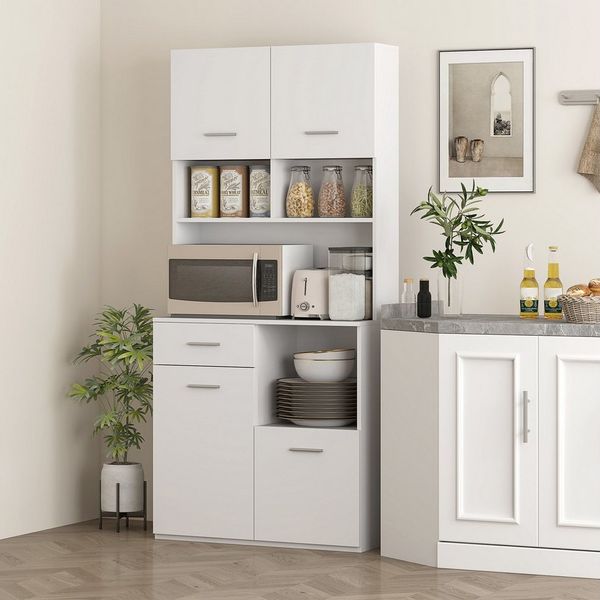 HOMCOM Küchenbuffet Hochschrank mit verstellbaren Regal, Schublade (Vitrinenschrank, 1-St, Buffetschrank mit Soft-Close-Tür) Aufbewahrungsschrank für Küche Esszimmer 80x35x180 cm Weiß