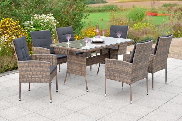 Braga Gartenmöbel Set, 6 Sessel inkl. Auflagen, Tisch 140 x 80 cm