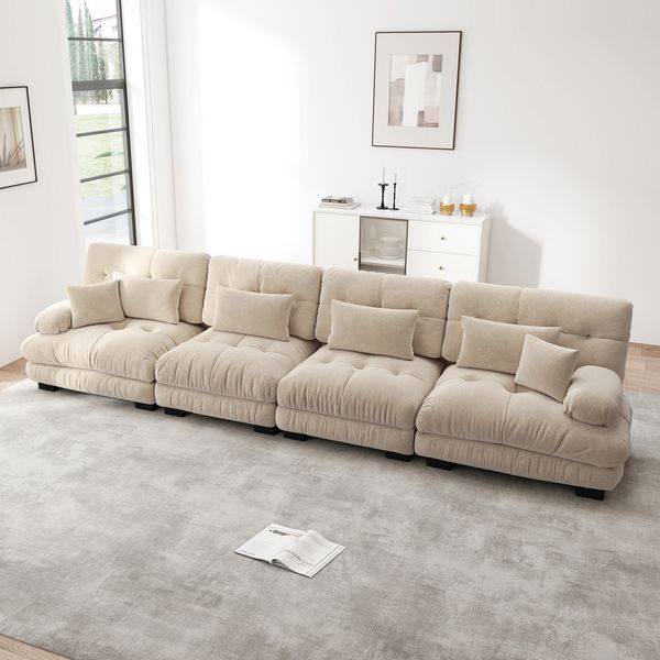 Flieks 4-Sitzer Sofa, Cloud Sofa aus Chenille mit 4 Lenden- & 2 Dekokissen, Hellbraun