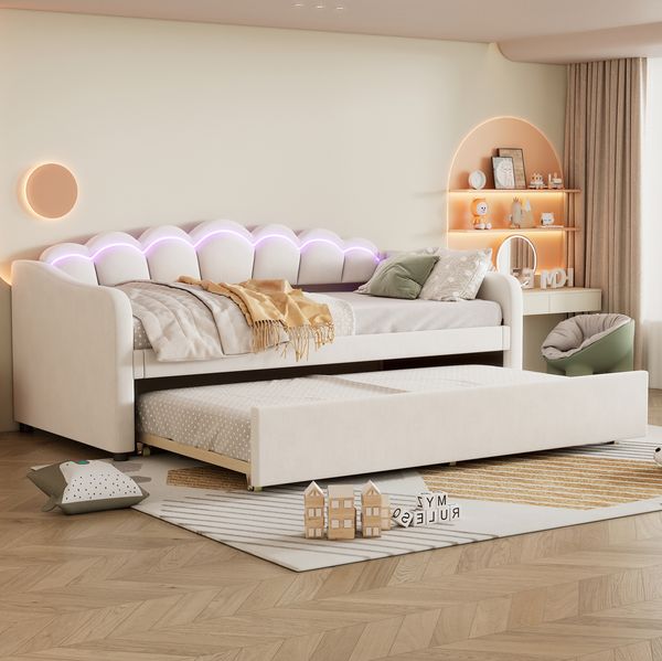 Daybed/Tagesbett mit ausziehbarem Bett & LED, Samt beige, 90x200 cm (ohne Matratze)
