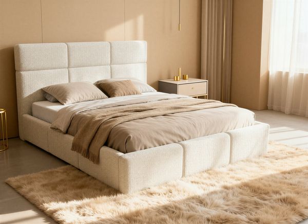 Polsterbett Celine - Bettkasten mit Gasdruckfedern - Doppelbett mit Lattenrost, Bett mit Polsterkopfteil, Bettgestell, Schlafzimmer, Bouclé-Stoff (140 x 200 cm, Weiß (Coral 70))