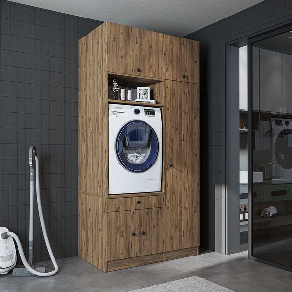 Roomart Schrankwand für Waschküche & Hauswirtschaftsraum – SERIE 1 – 112 cm breit – mit Ausziehbrett – Waschmaschinenschrank & Stauraumlösung • Eiche