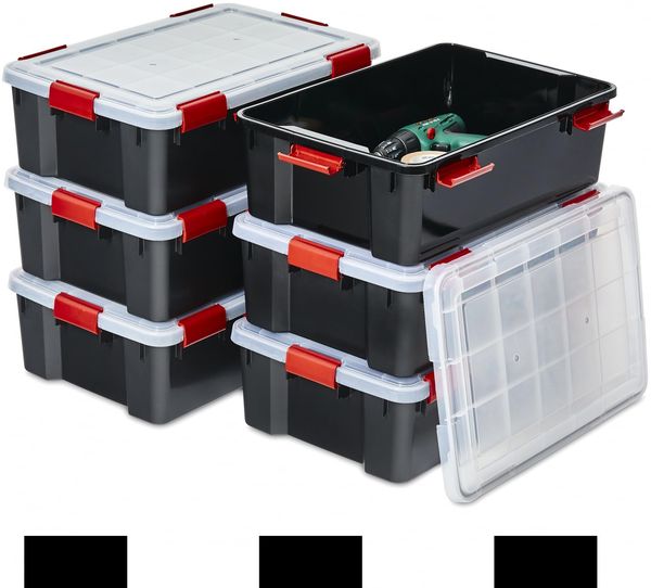 Iris Ohyama Luftdichte Kunststoff-Aufbewahrungsboxen mit Deckel, 30L, 6er-Set, Schwarz, Hermetischer wasserdichter Verschluss, Robuste Schnappverschlüsse, Stapelbar, Staubschutz, BPA-frei, AT-LS