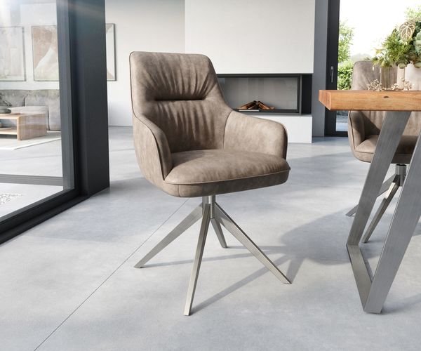 Delife Esszimmerstuhl Zelia-Flex mit Armlehnen, Mikrofaser, Kreuzgestell, breit, Edelstahl, Taschenfederkern, Beige Vintage, 94x63x57 cm