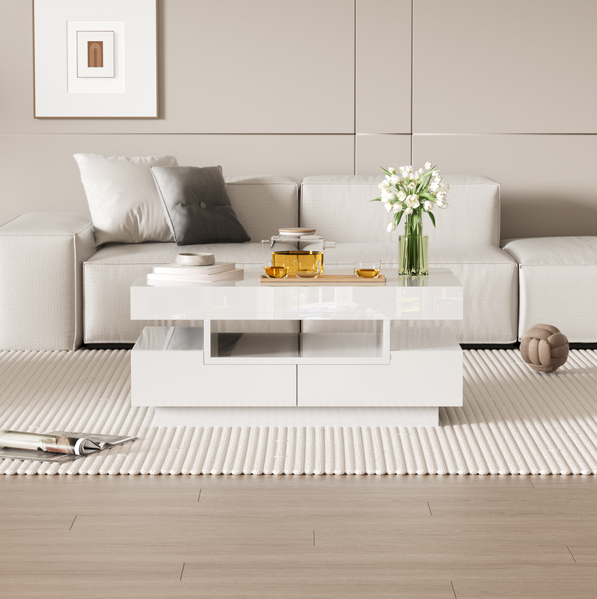 Couchtisch Hochglanz Weiß mit LED-Beleuchtung & 4 Schubladen - 80x50x36 cm