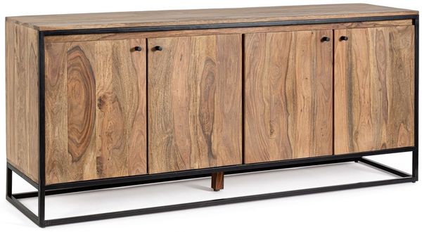 Sideboard Nartan aus Sheesham-Holz, modern massiv, Natur, 4 Türen, Metallgestell