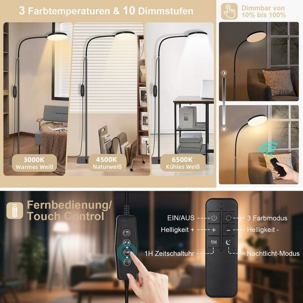 Sunicol USB-Stehleuchte Höhenverstellbar LED Leselampe mit Fernbedienung, 3 Farbtemperatur, Dimmbar, Timer, Schwanenhals für Gesichtsbehandlung Spa Salon Makeup
