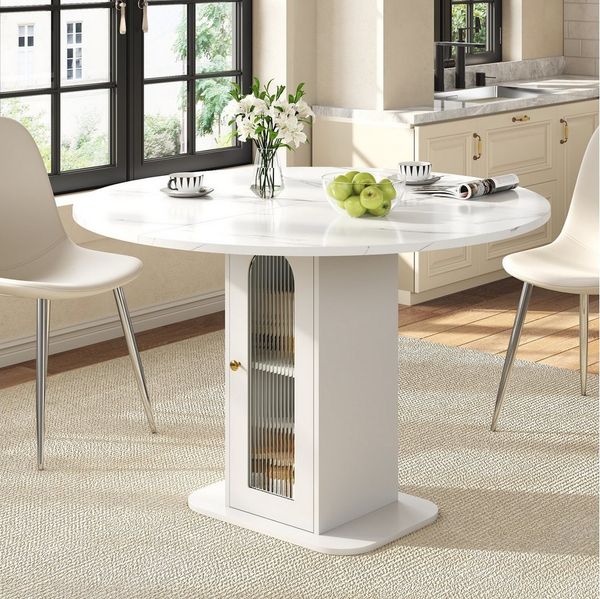 i@home Esstisch Runder Esstisch mit Stauraum (1 Tisch), Kleiner Esstisch, mit Riffelglas-Tür & Regal, 80 x 80 x 75 cm, Weiß