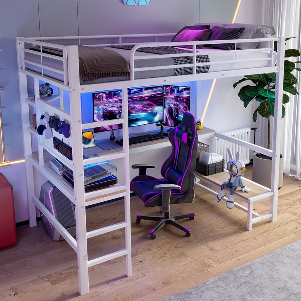 Hochbett 90×200 cm mit Rausfallschutz, Schreibtisch, LED, USB-C und Leiter, Weiß, ohne Matratze
