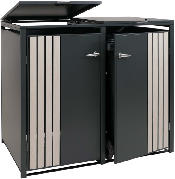2er-Mülltonnenverkleidung HWC-O67, Mülltonnenbox mit Deckel, Metall 122x132x84cm 53kg ~ anthrazit Holzoptik hell