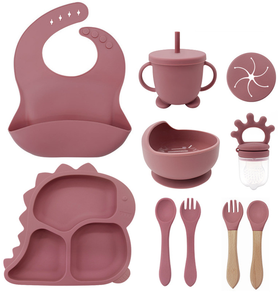 ABC Kindergeschirr-Set mit Dinosaurier-Motiv, Schüssel aus lebensmittelechtem Silikon, Babygeschirr für die Beikostvorbereitung