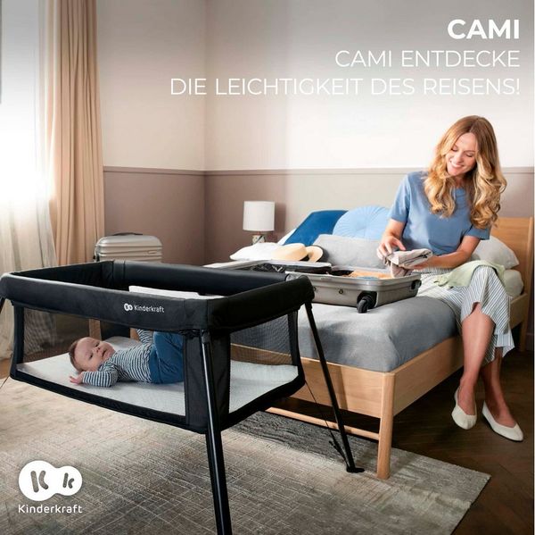 Kinderkraft CAMI Babybett 3 in 1, Reisebett baby ab geburt bis 3 Jahre, Laufgitter funktion, Einfache kompakt zusammenklappen, Reiserucksack enthalten, Zwei Ebenen, Schwarz