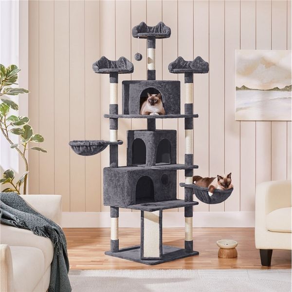 Yaheetech Kratzbaum Katzenbaum 194 cm(H), Kletterbaum mit 3 Aussichtsplattform & 2 Liegemulden & 3 Höhlen