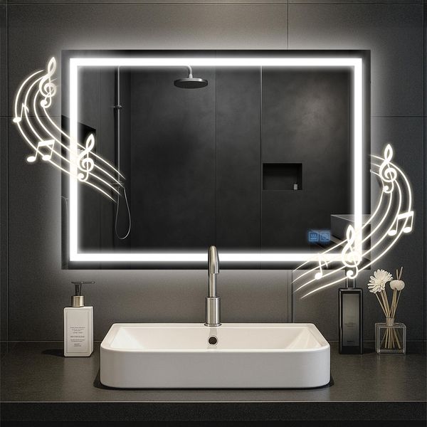 CLP Badspiegel Jaffrey Bluetooth-Lautsprecher Anti-Beschlag Quer- und Hochformat LED,50x70 cm