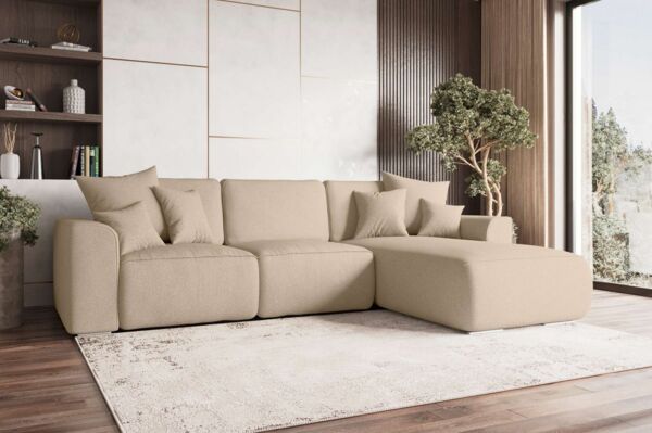 99rooms 'Gusto' Ecksofa, L-Form, mit abnehmbaren Kissen, Rundumbezug aus gepolstertem Strukturstoff 'NEVE', Beige, Ottomane Rechts, mit Schlaffunktion