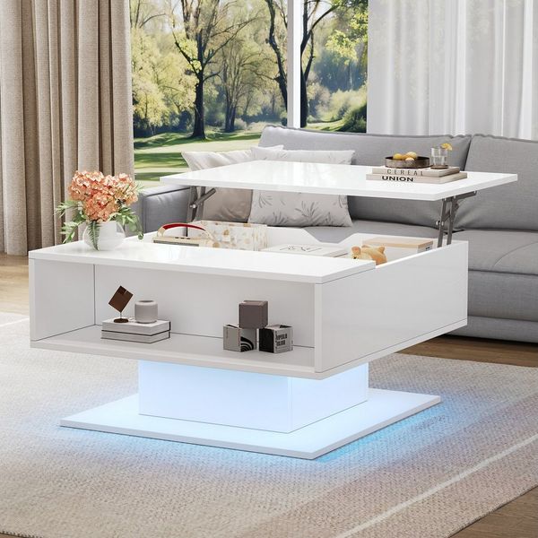 STILVORA Couchtisch mit hydraulischem Aufzug Kaffeetisch mit halboffener Stauraum Weiß (Hochglanz-Sofatisch mit versteckter Stauraum, 80×75×40cm Ergonomischer Wohnzimmer-Beistelltisch), aus Spanplatten mit einer Gesamttragfähigkeit von 40 kg