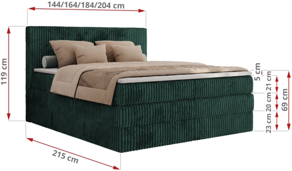 Boxspringbett, Doppelbett mit zwei Bettkästen und Multipocket-Matratze, Cord Bett - TILIANO KING - 180 x 200 cm - Dunkelgrün Cord - H3 Bild 6