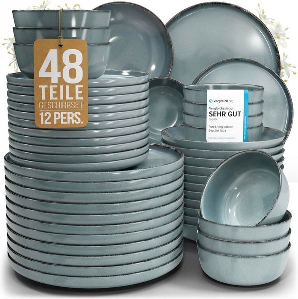 PURE LIVING INTERIOR DESIGN Geschirr-Set Steingut Geschirrset 12 Personen Rustic 48 tlg. TESTSIEGER, Hochwertig (48-tlg), 12 Personen, Steingut, Mediterrane Handwerksoptik, Reaktive Glasur – jedes Stück einzigartig…