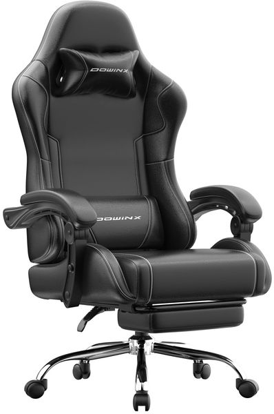 Dowinx Gaming Stuhl Bürostuhl Massage Gaming Sessel mit höhenverstellbaren Linkage-Armlehnen, ergonomischer Gamer Stuhl mit Fußstütze, gepolstert Gaming Chair 150° neigbar bis 180 kg, Schwarz