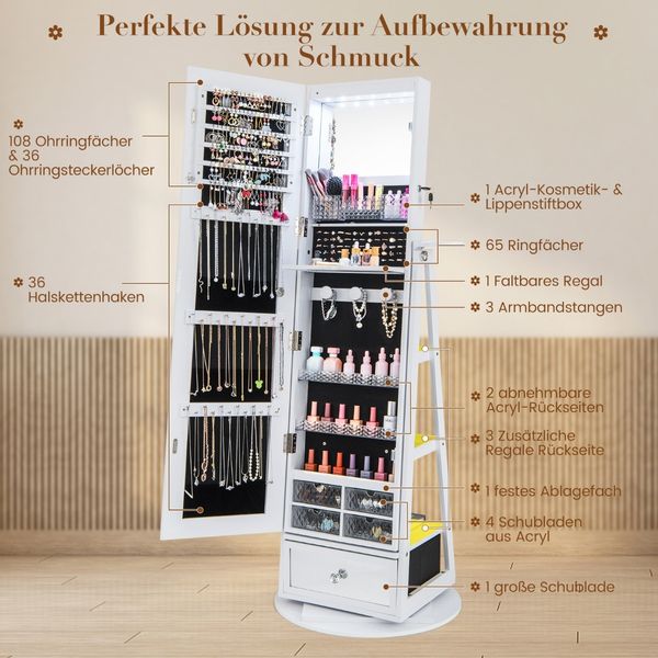 Schmuckschrank 360° drehbar Spiegelschrank mit Ganzkörperspiegel 140 x 37 cm Weiß
