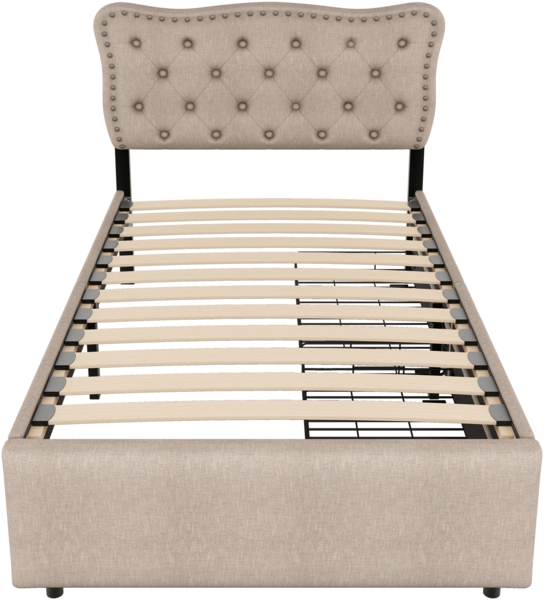 Polsterbett 90x200 cm mit verstellbarem Kopfteil, Stauraum-Schubladen, Leinenbezug, Ziernieten,Dunkelbeige Bild 6