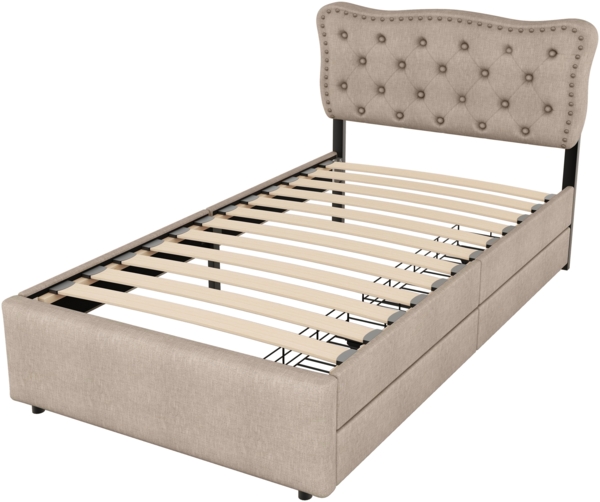 Polsterbett 90x200 cm mit verstellbarem Kopfteil, Stauraum-Schubladen, Leinenbezug, Ziernieten,Dunkelbeige Bild 7