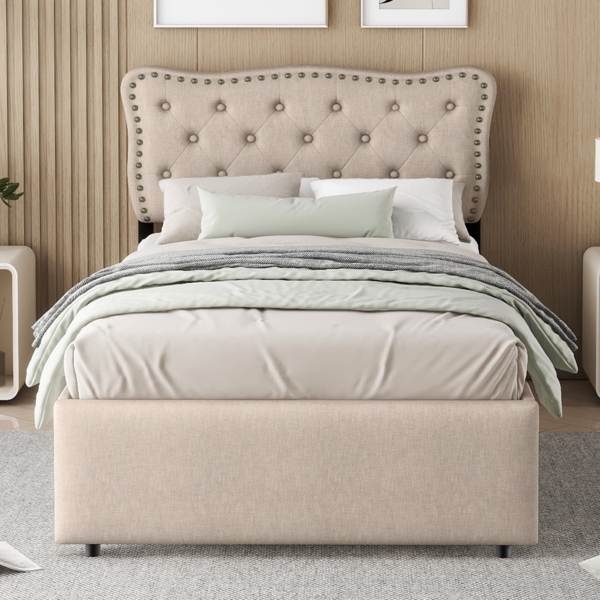 Polsterbett 90x200 cm mit verstellbarem Kopfteil, Stauraum-Schubladen, Leinenbezug, Ziernieten,Dunkelbeige Bild 2