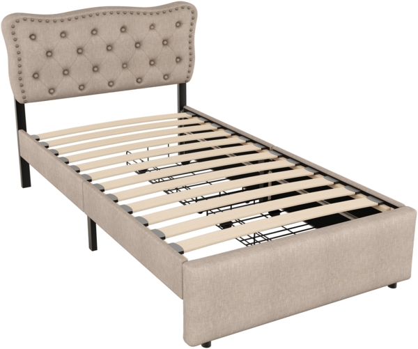 Polsterbett 90x200 cm mit verstellbarem Kopfteil, Stauraum-Schubladen, Leinenbezug, Ziernieten,Dunkelbeige Bild 8