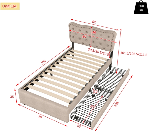 Polsterbett 90x200 cm mit verstellbarem Kopfteil, Stauraum-Schubladen, Leinenbezug, Ziernieten,Dunkelbeige Bild 4